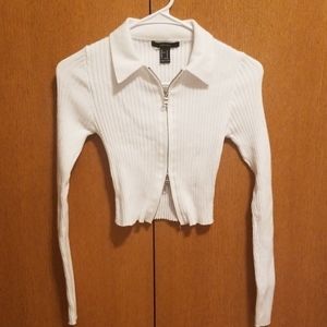 Ribbed Cropped White Zip Up